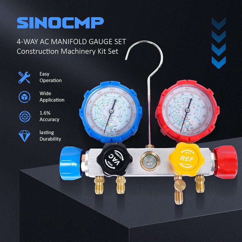 SINOCMP عدادات مجمع HVAC 4 طرق، لمجموعة إعادة شحن المبردات R32/R410A/R134A لمكيف الهواء، تشخيص A/C R22 R404A مع مجموعة أدوات الخراطيم - Image 4